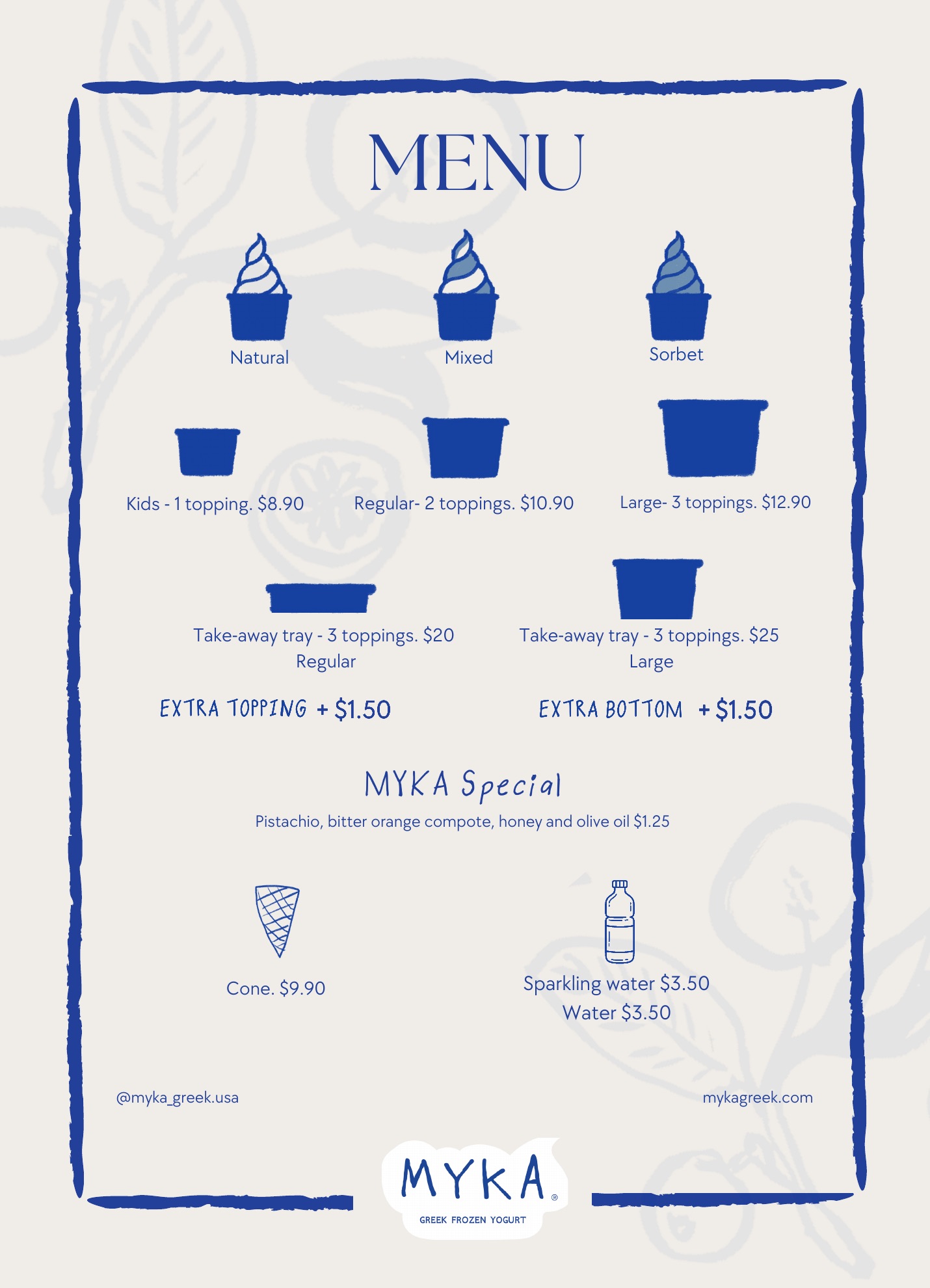 MYKA Menu — sizes, trays, toppings, MYKA Special, cones, water